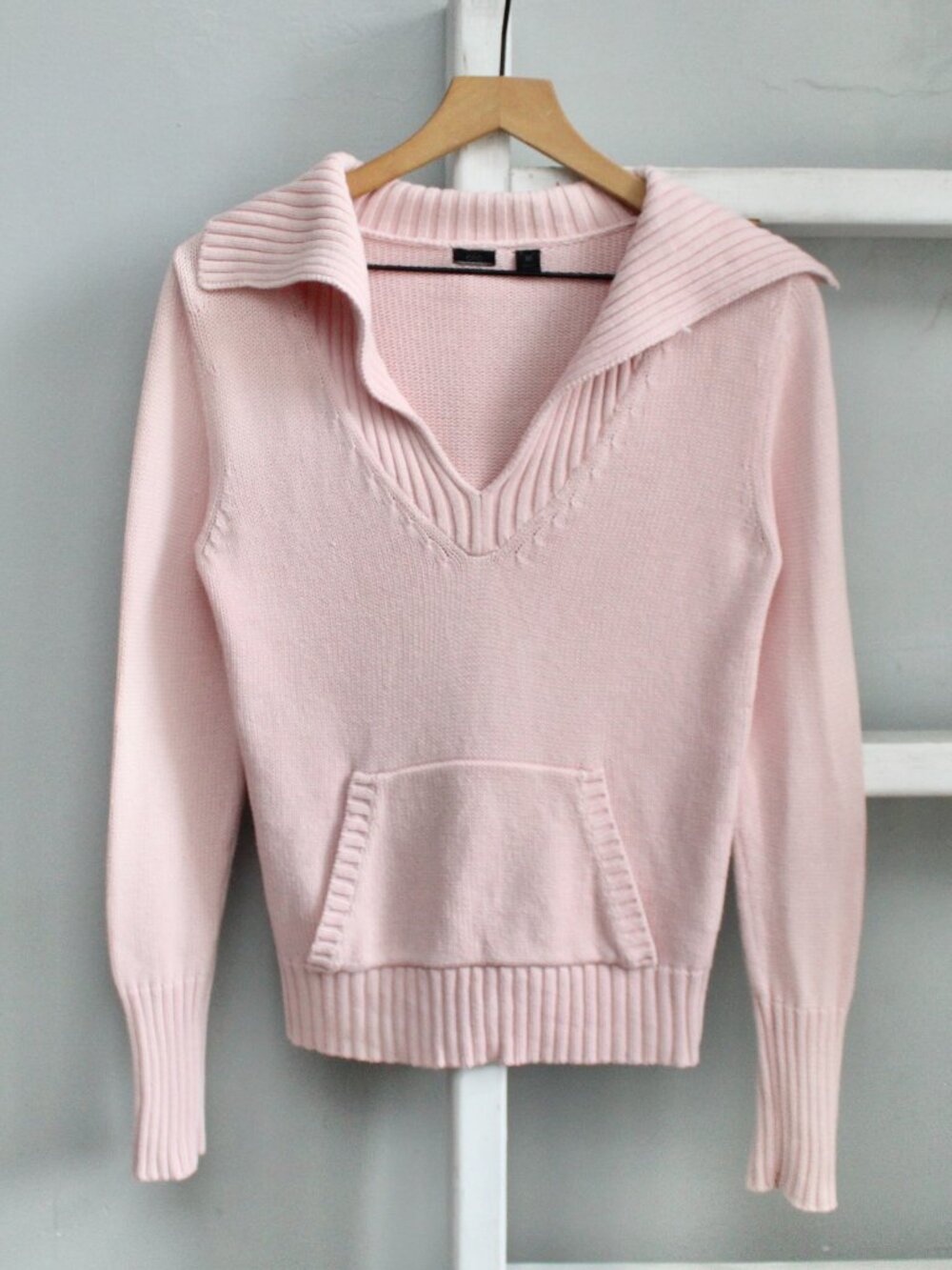 Vintage Y2K OLO Pink Knit Deep V-Neck Wide Collar Ribbed Sweater Size Small